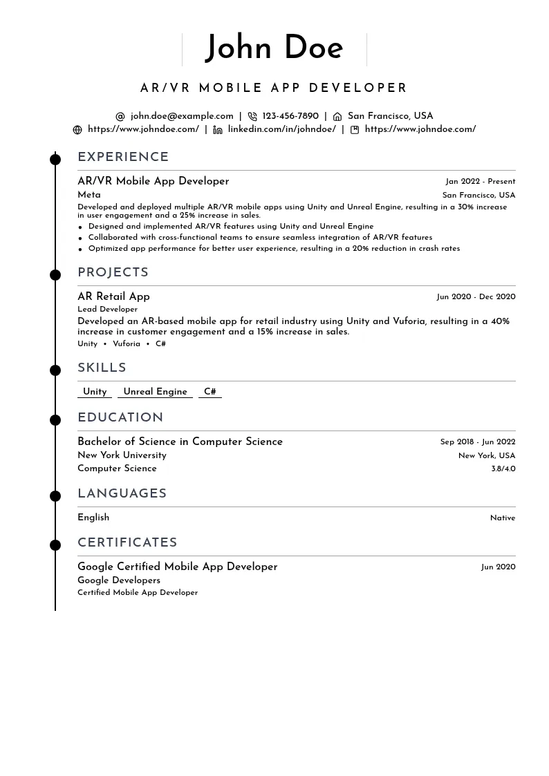 AR/VR Mobile App Development resume example