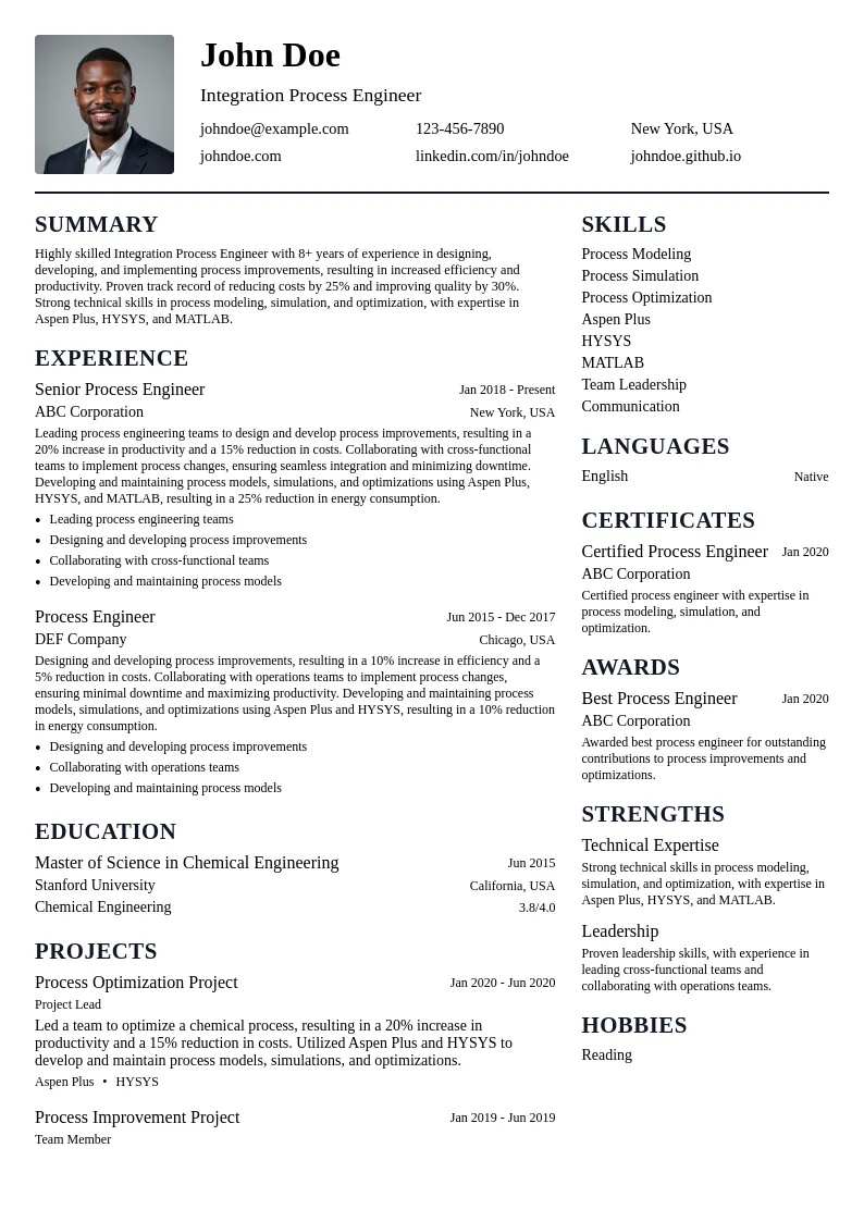 Integration Process Engineer resume example