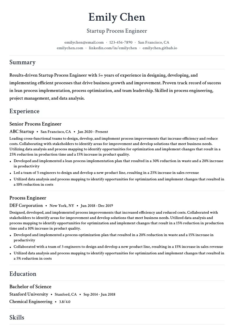 Startup Process Engineer resume example