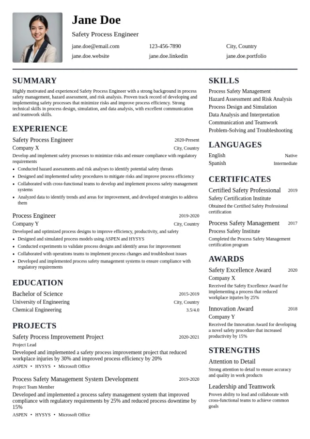 Safety Process Engineer resume example