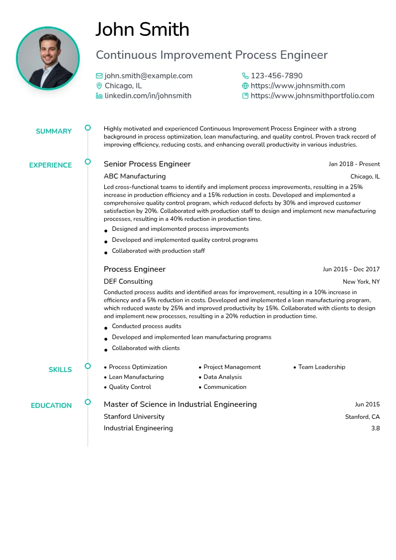 Continuous Improvement Process Engineer resume example