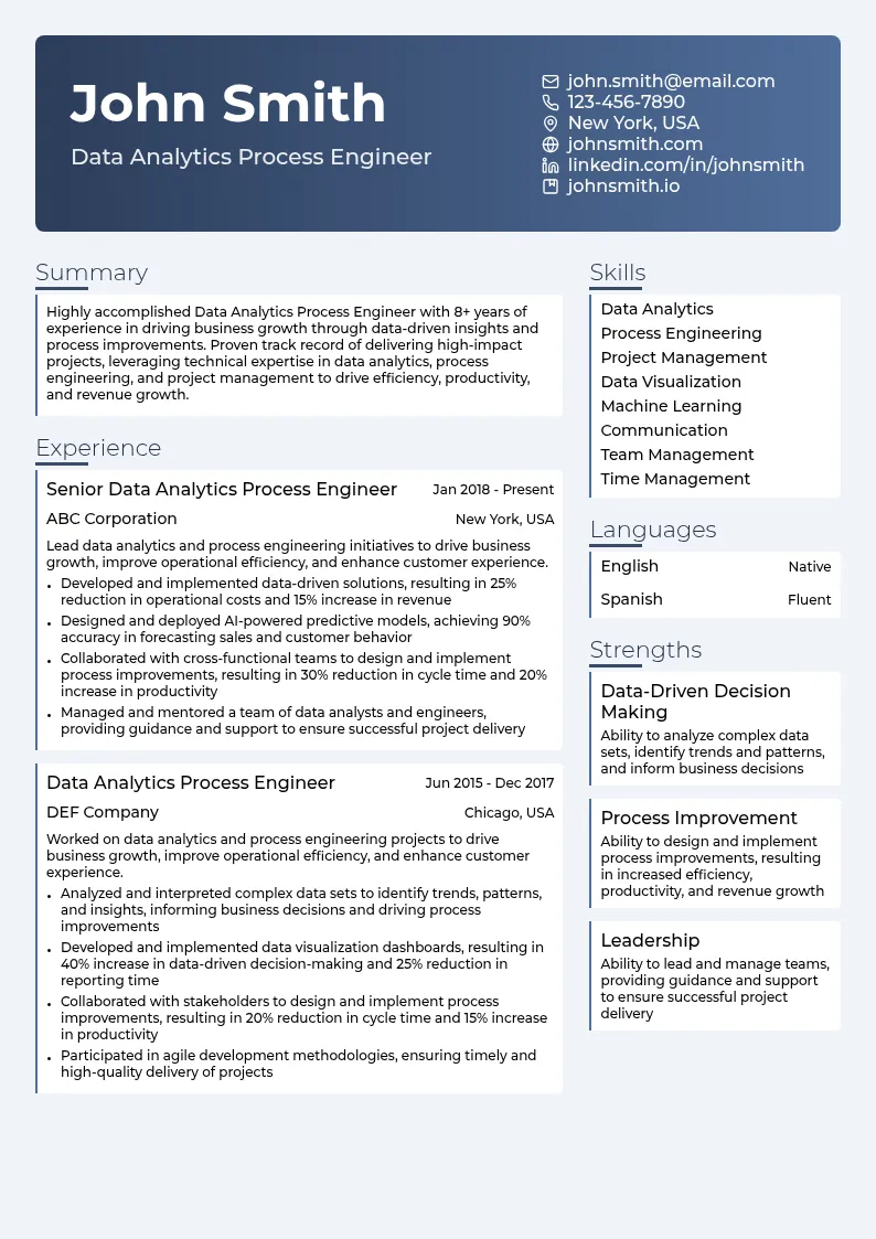 Data Analytics Process Engineer resume example