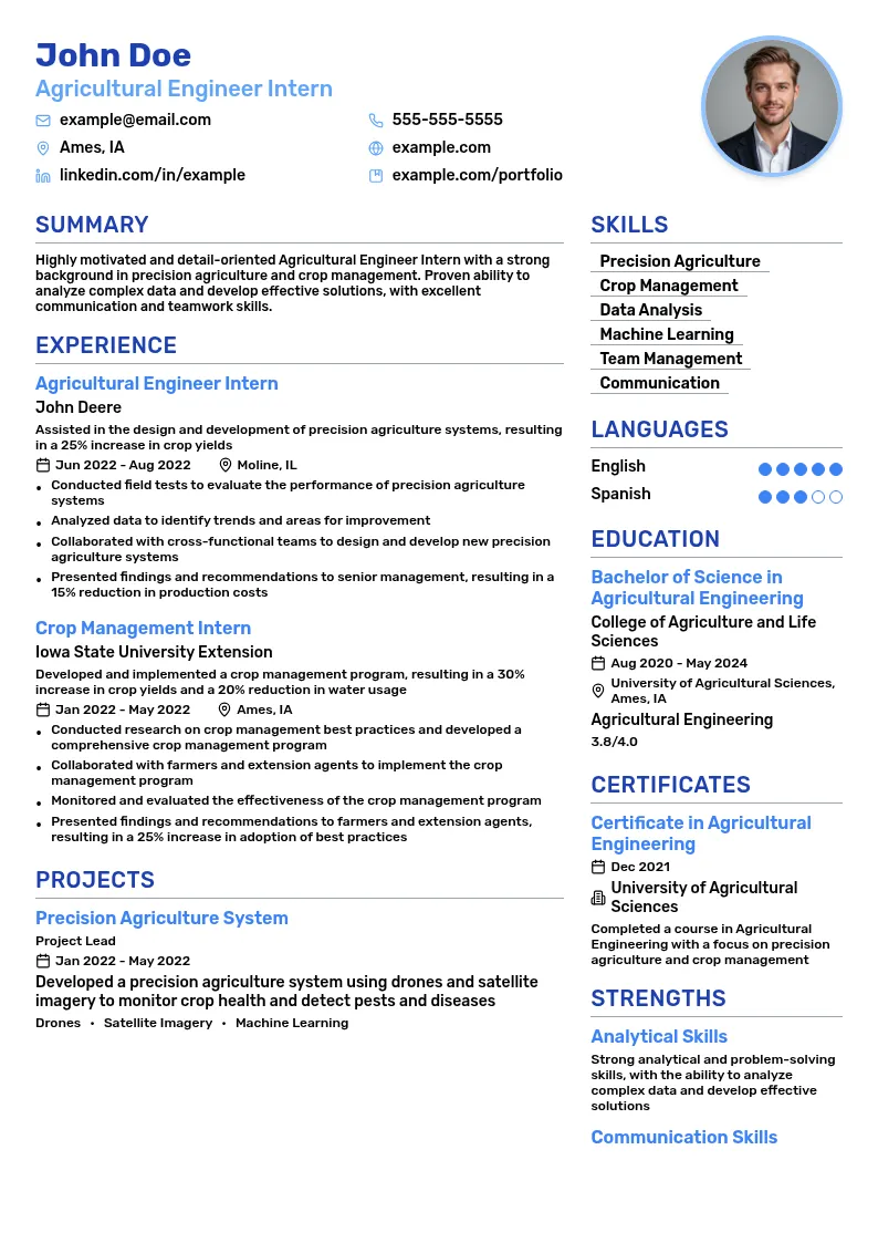 Agricultural Engineer Intern resume example
