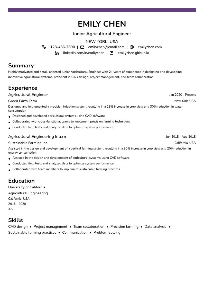 Junior Agricultural Engineer resume example
