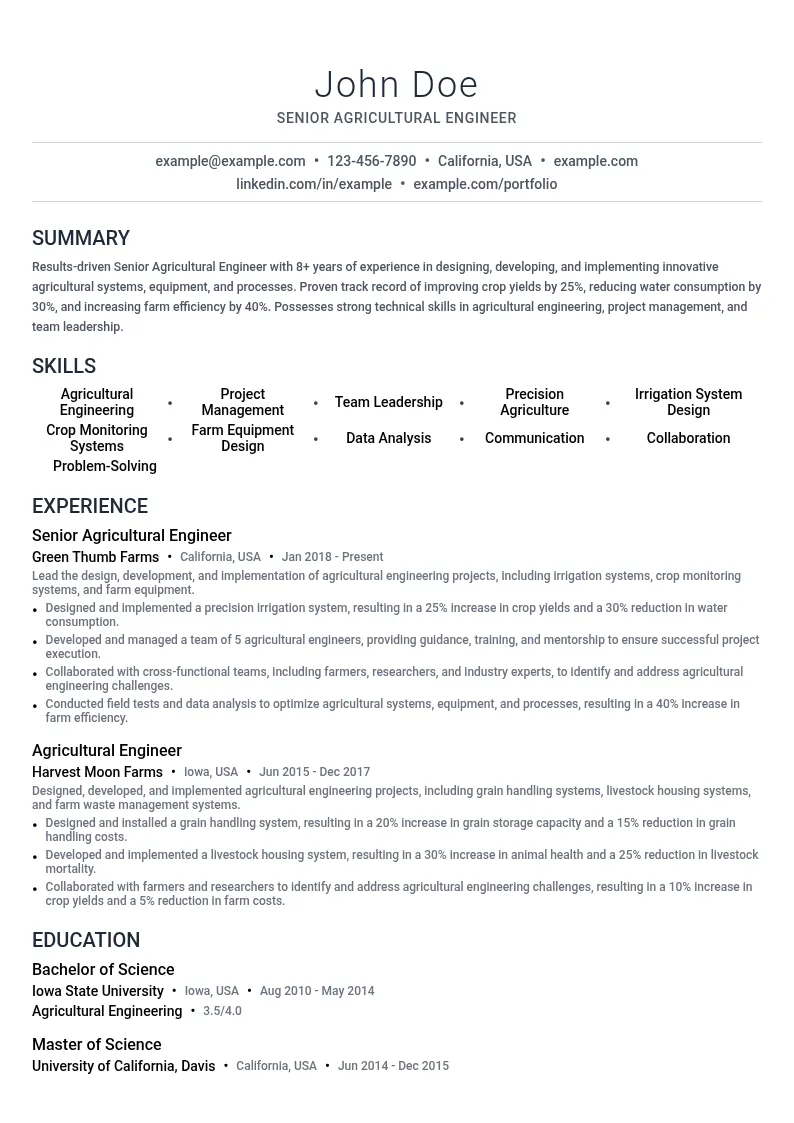 Senior Agricultural Engineer resume example