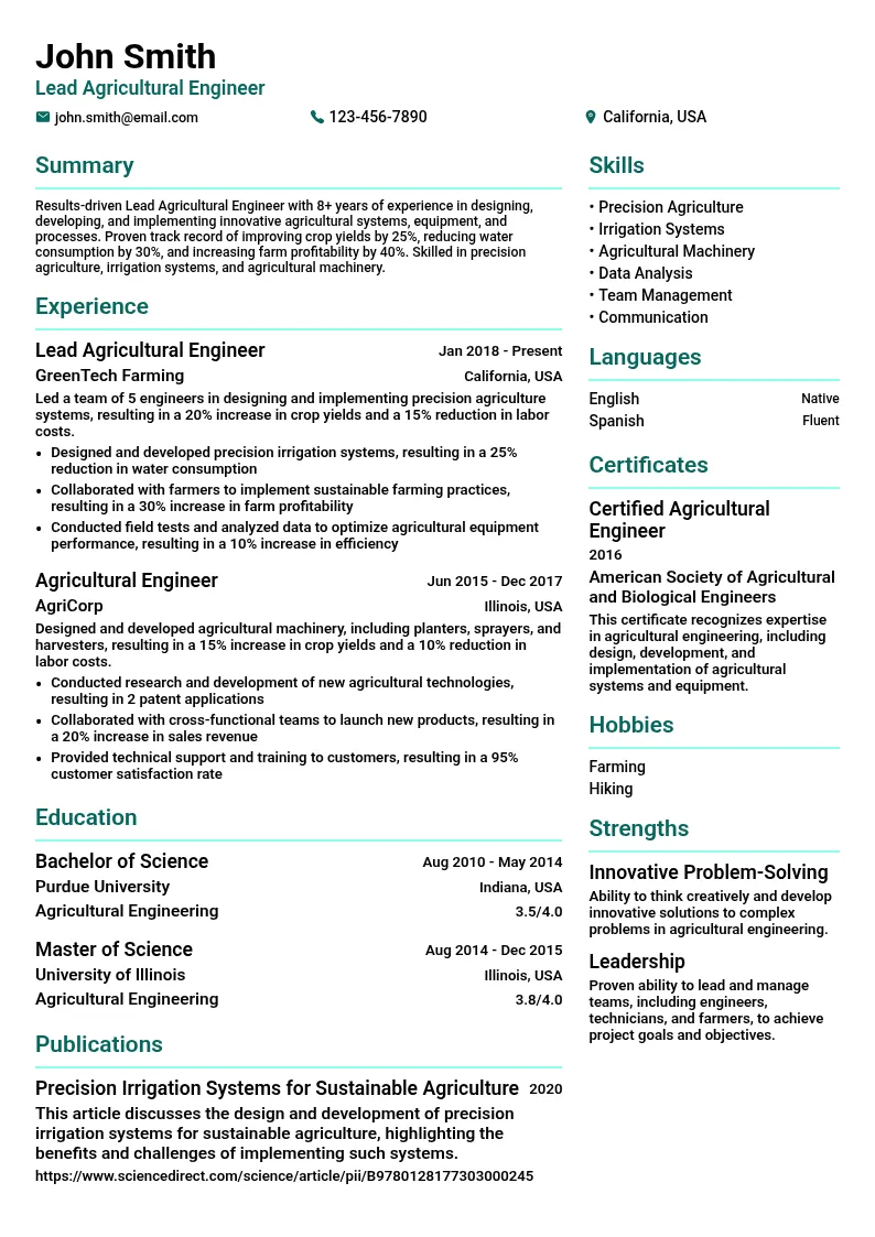 Lead Agricultural Engineer resume example