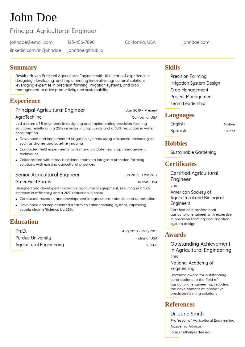 Principal Agricultural Engineer resume example
