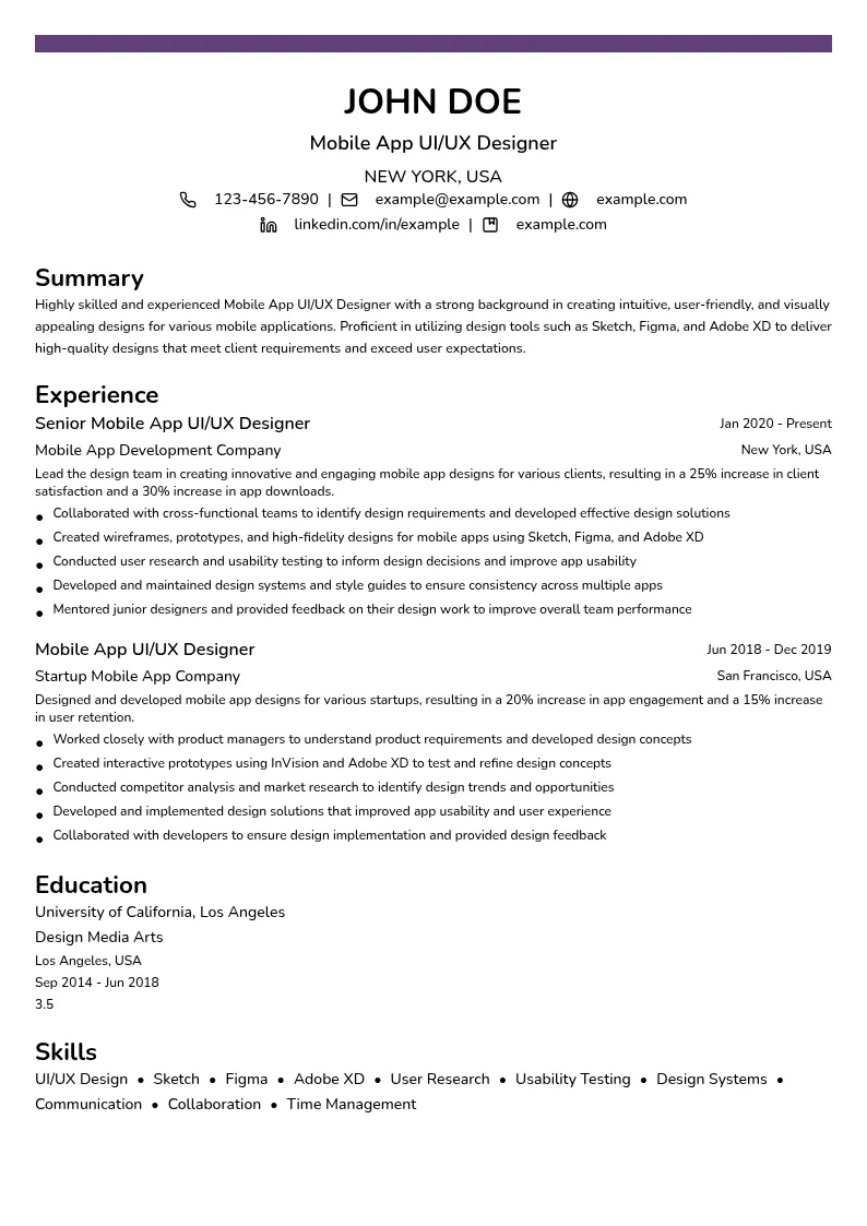Mobile App UI/UX Design resume example