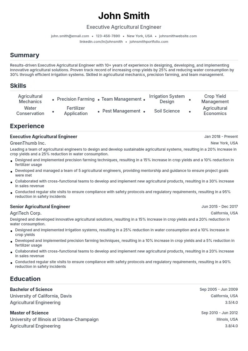 Executive Agricultural Engineer resume example