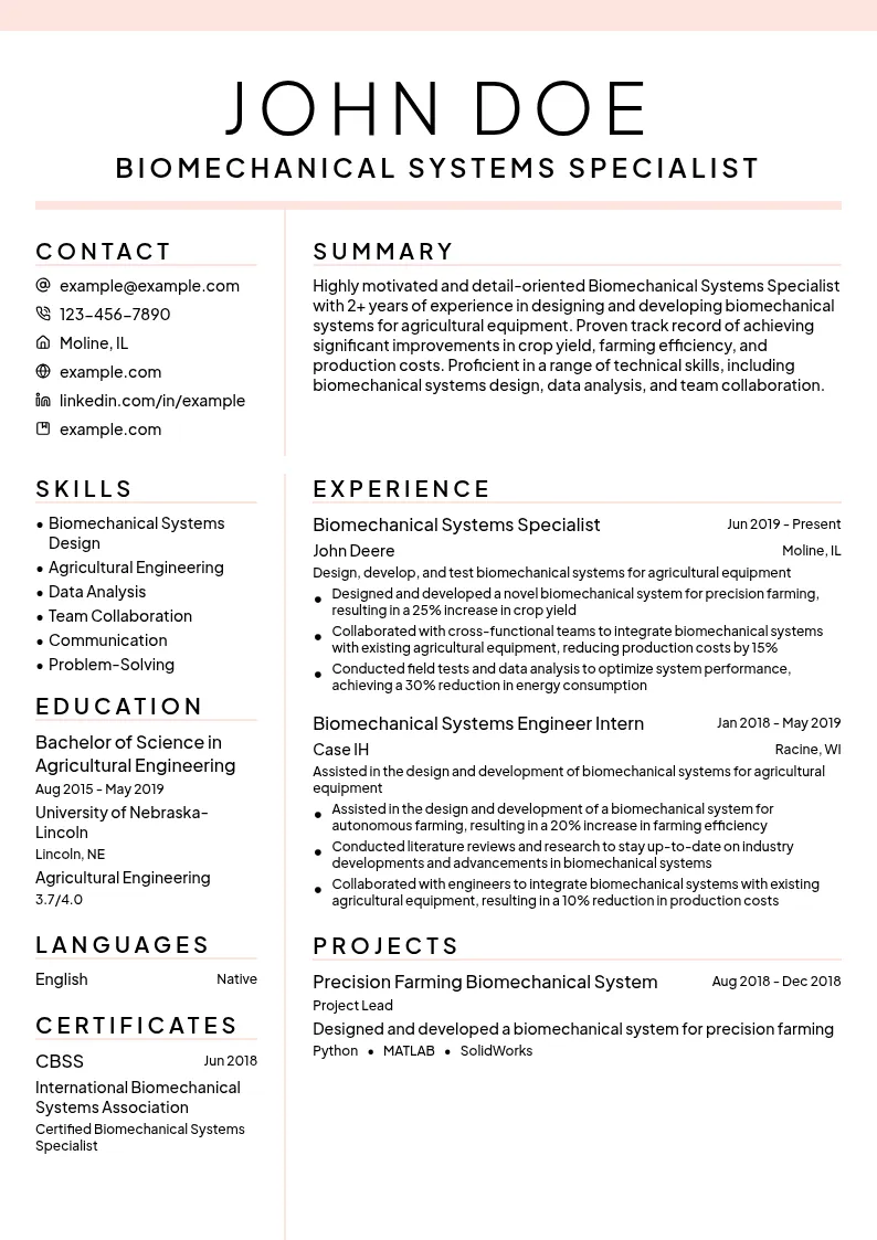 Biomechanical Systems Specialist resume example