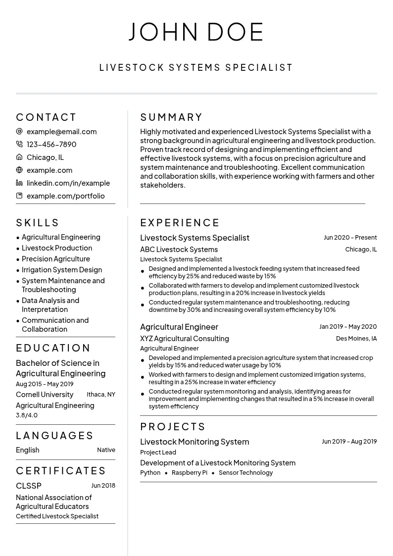 Livestock Systems Specialist resume example