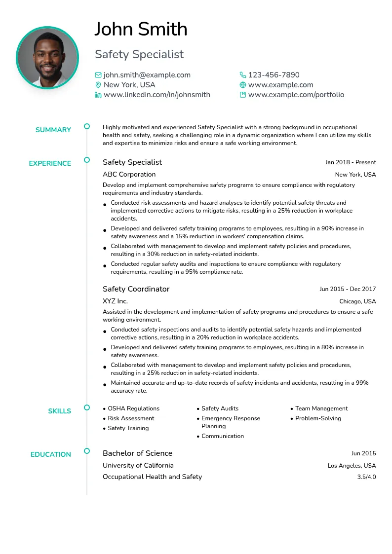 Safety Specialist resume example