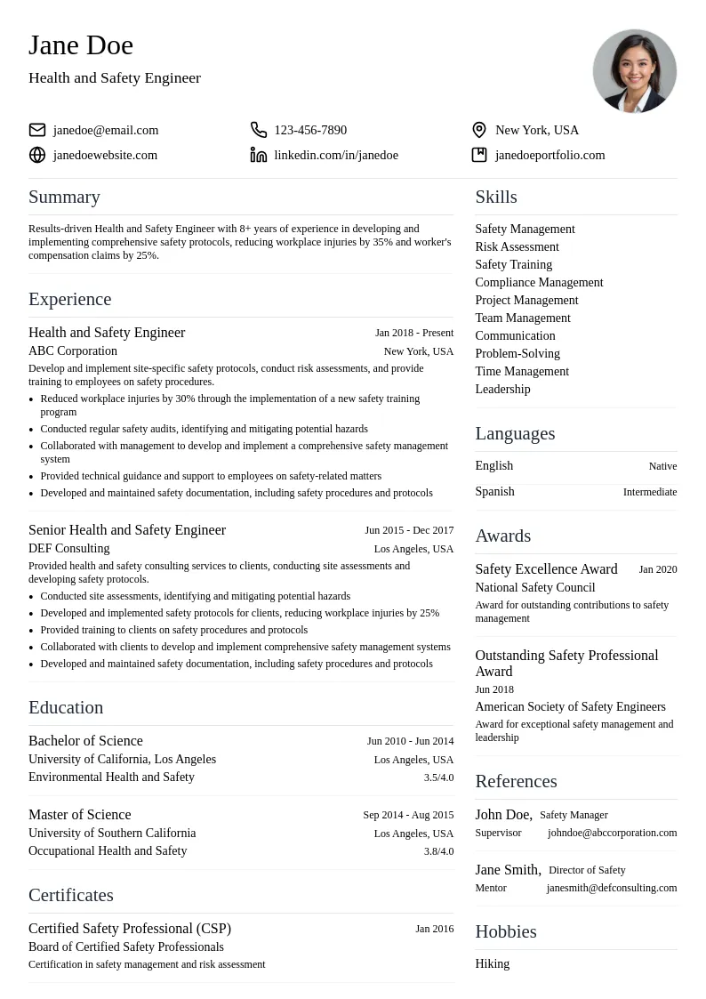 Health and Safety Engineer resume example
