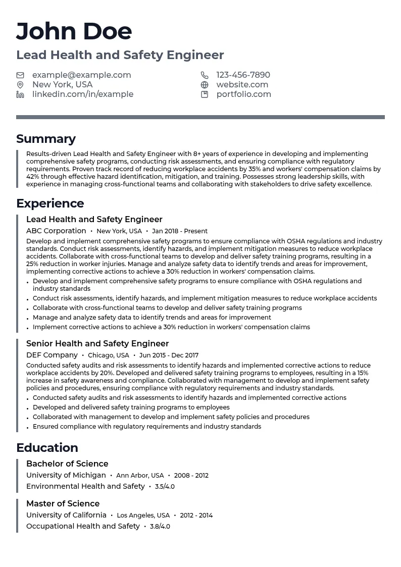 Lead Health and Safety Engineer resume example
