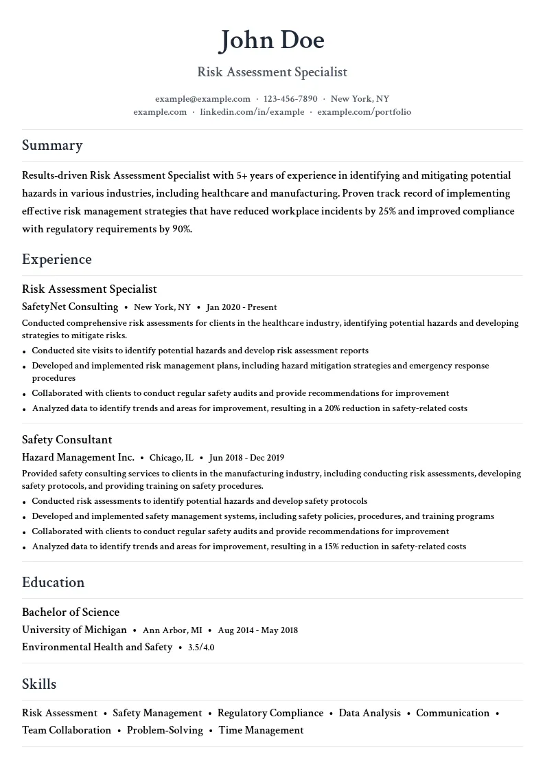 Risk Assessment Specialist resume example