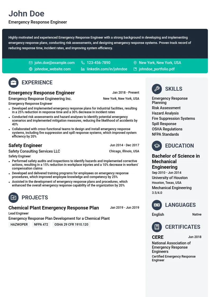 Emergency Response Engineer resume example