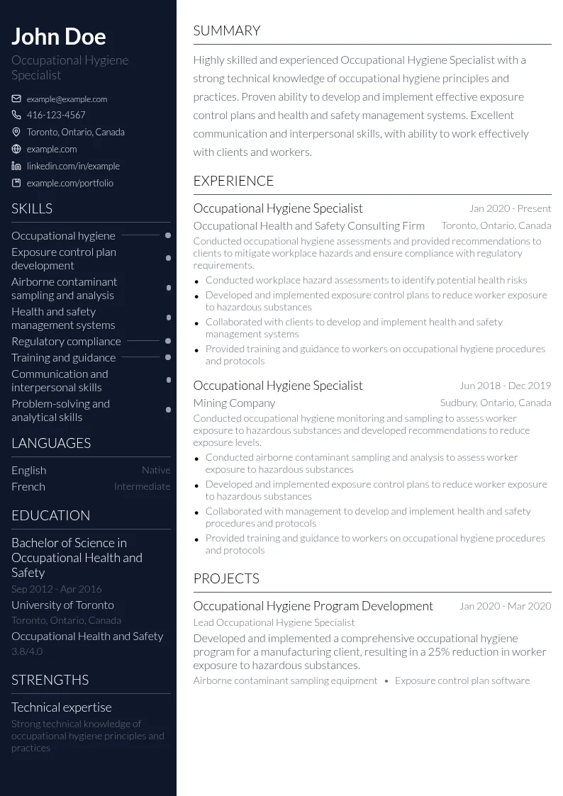 Occupational Hygiene Specialist resume example