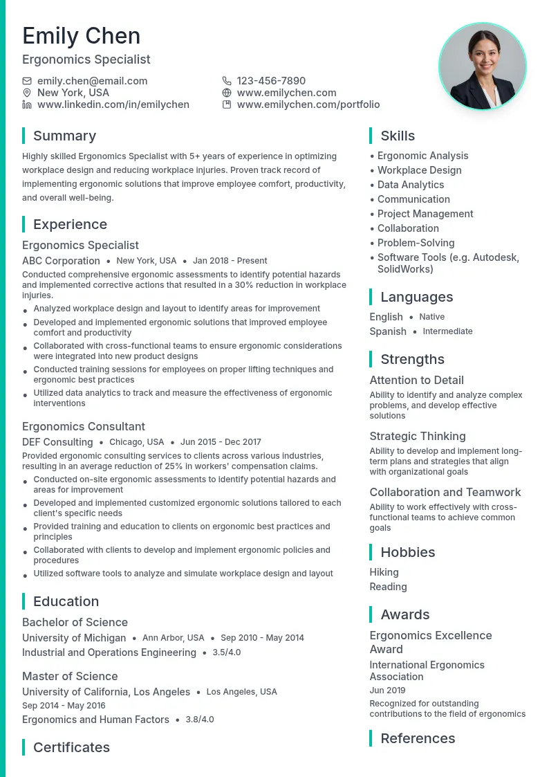 Ergonomics Specialist resume example