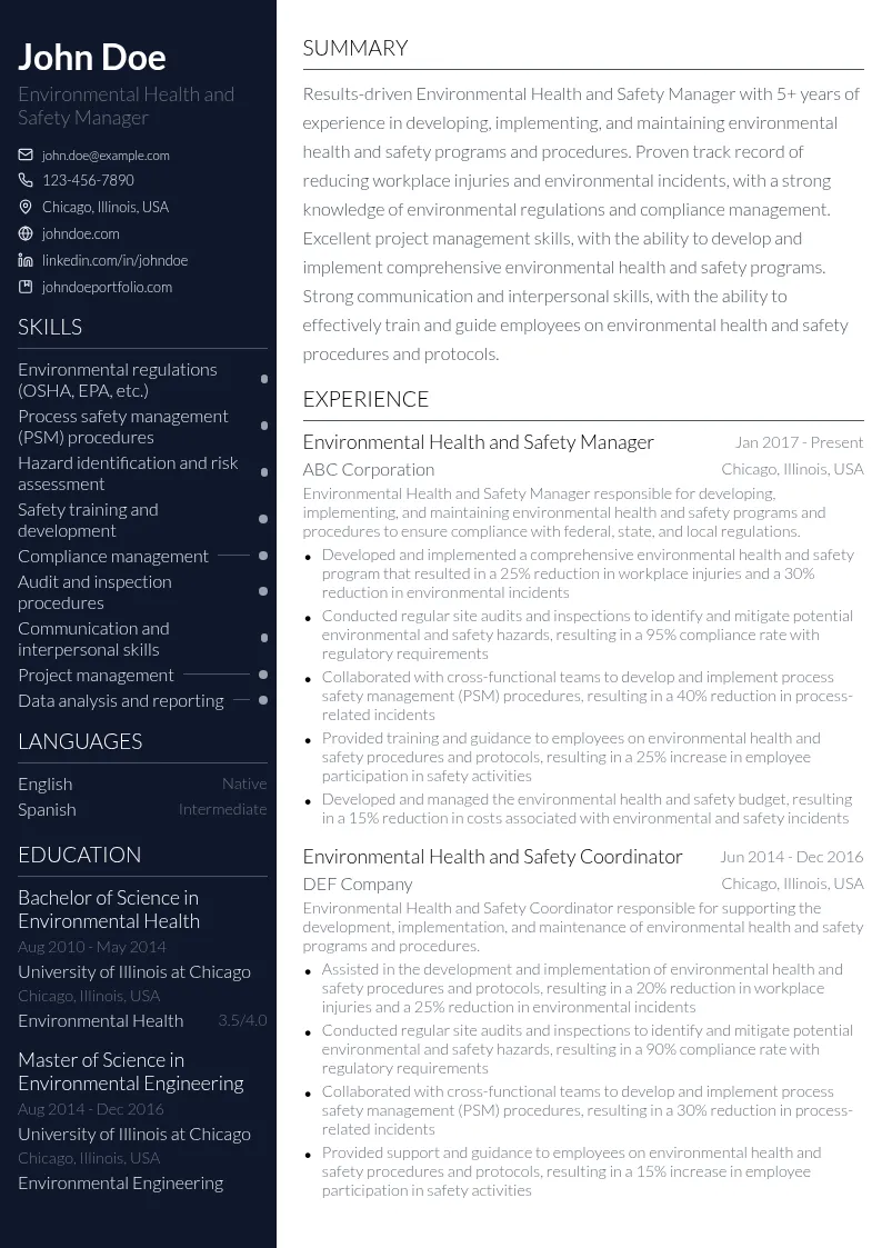 Environmental Health and Safety Manager resume example