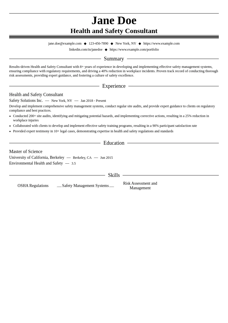Health and Safety Consultant resume example