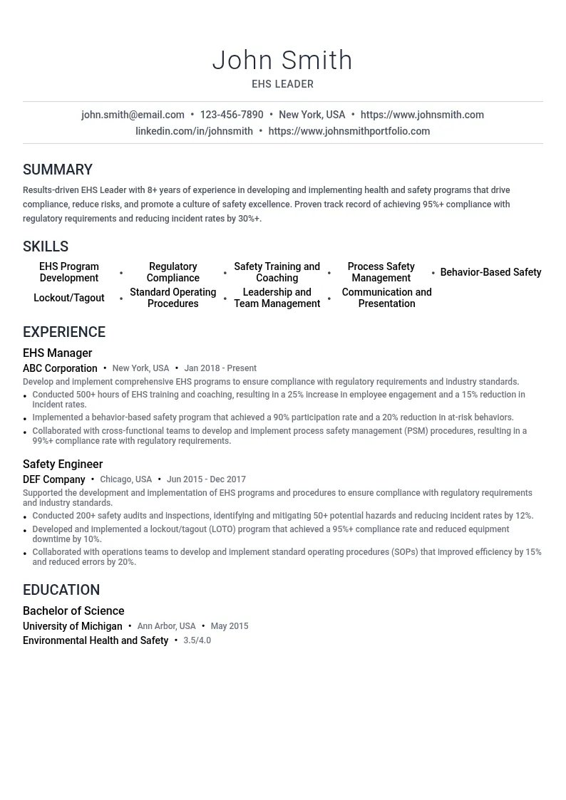 EHS Leader resume example