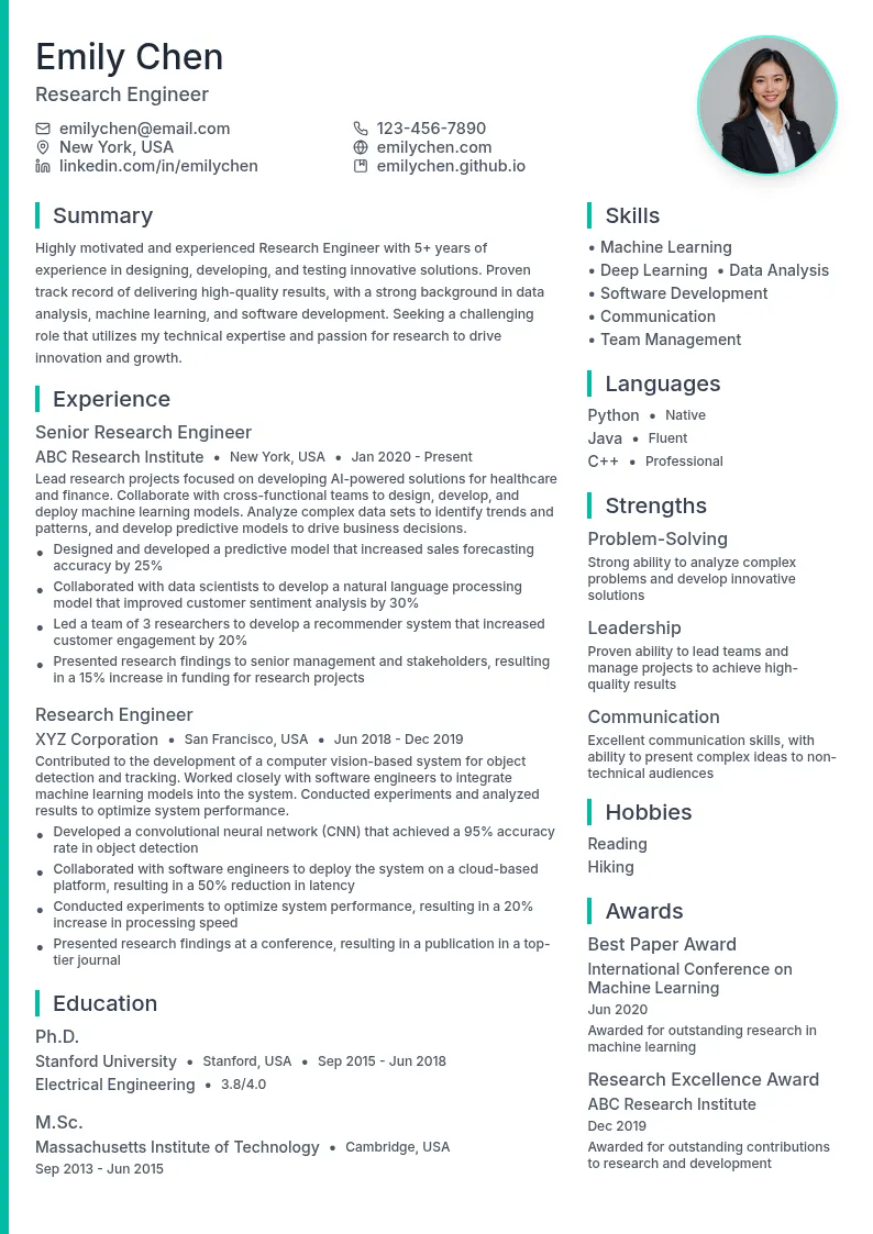 Research Engineer resume example