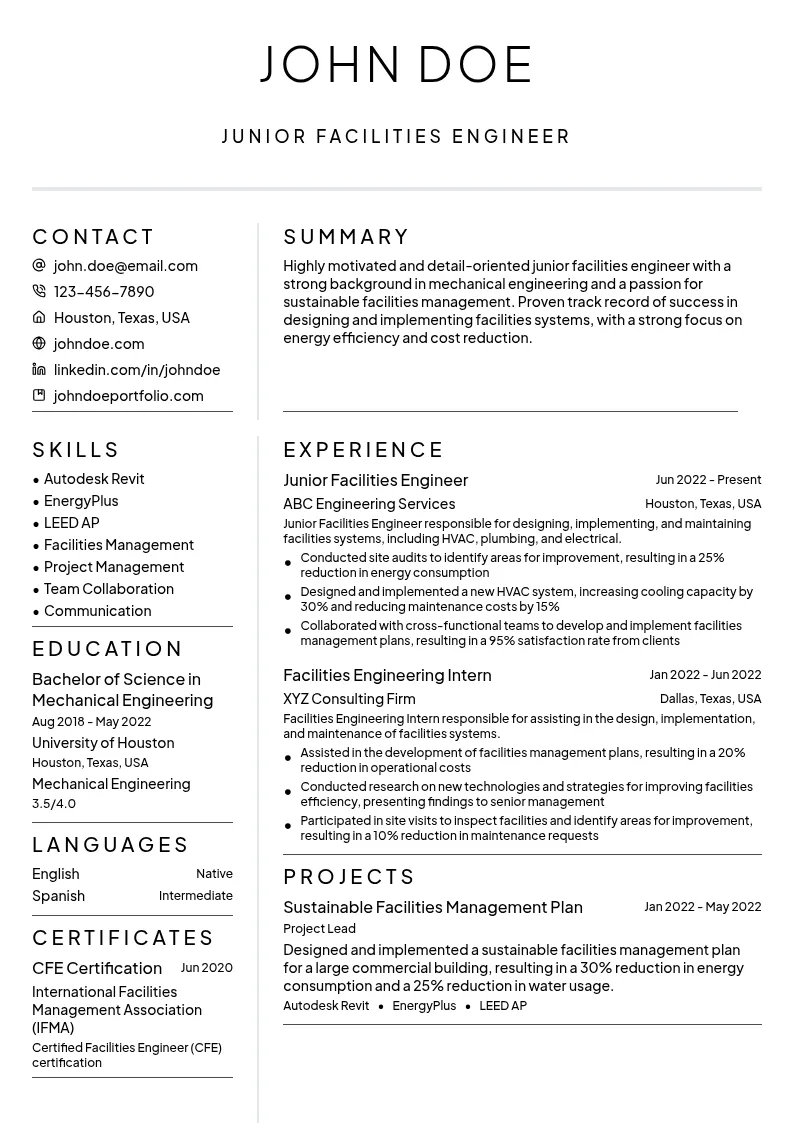  junior Facilities Engineer resume example