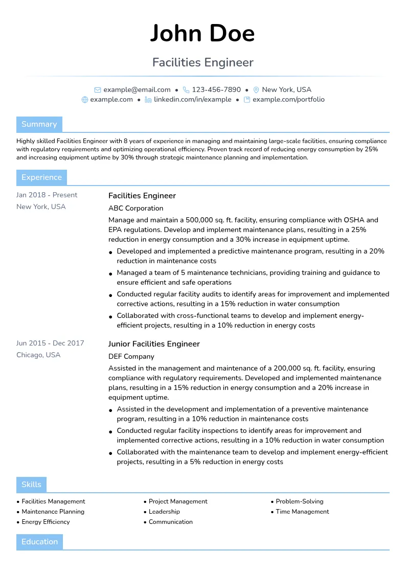  Facilities Engineer resume example