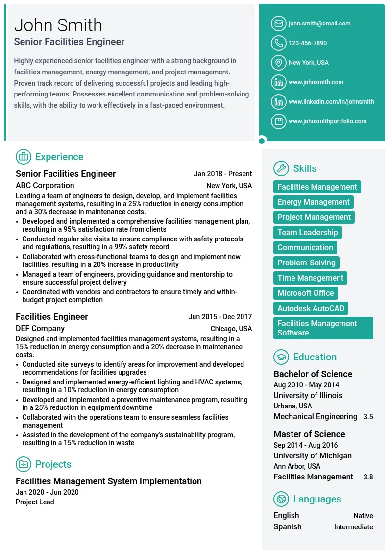  Senior Facilities Engineer resume example