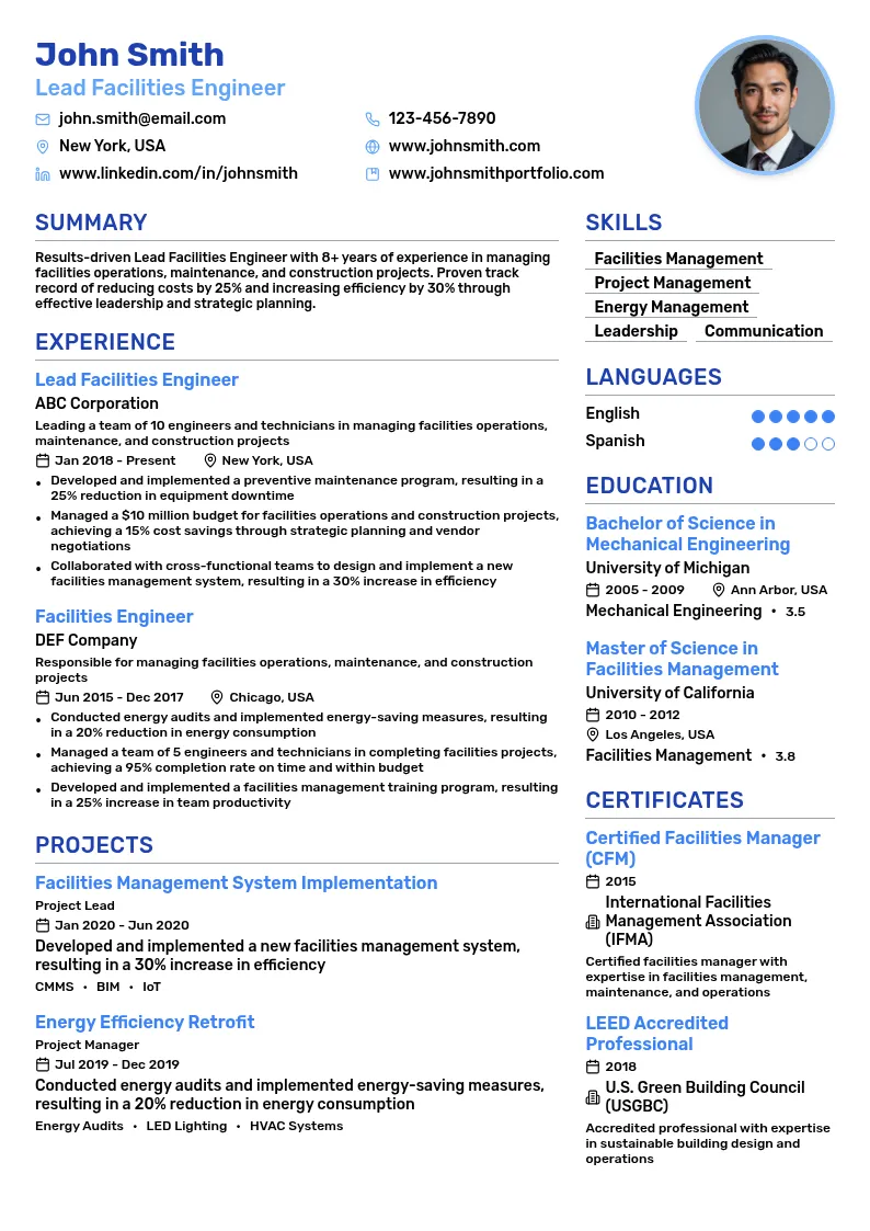  Lead Facilities Engineer resume example