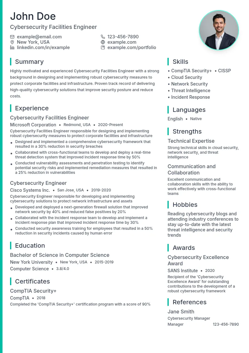 Cybersecurity Facilities Engineer resume example