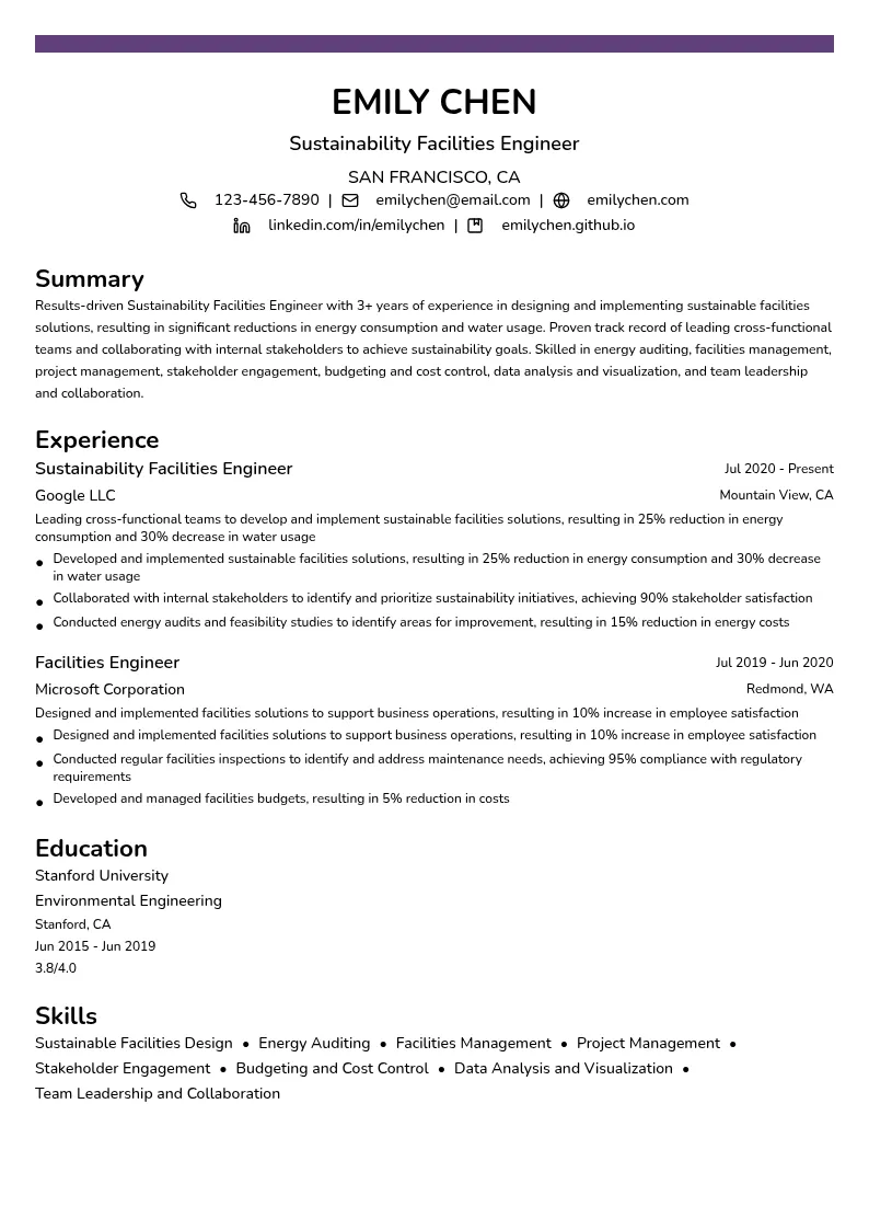 Sustainability Facilities Engineer resume example