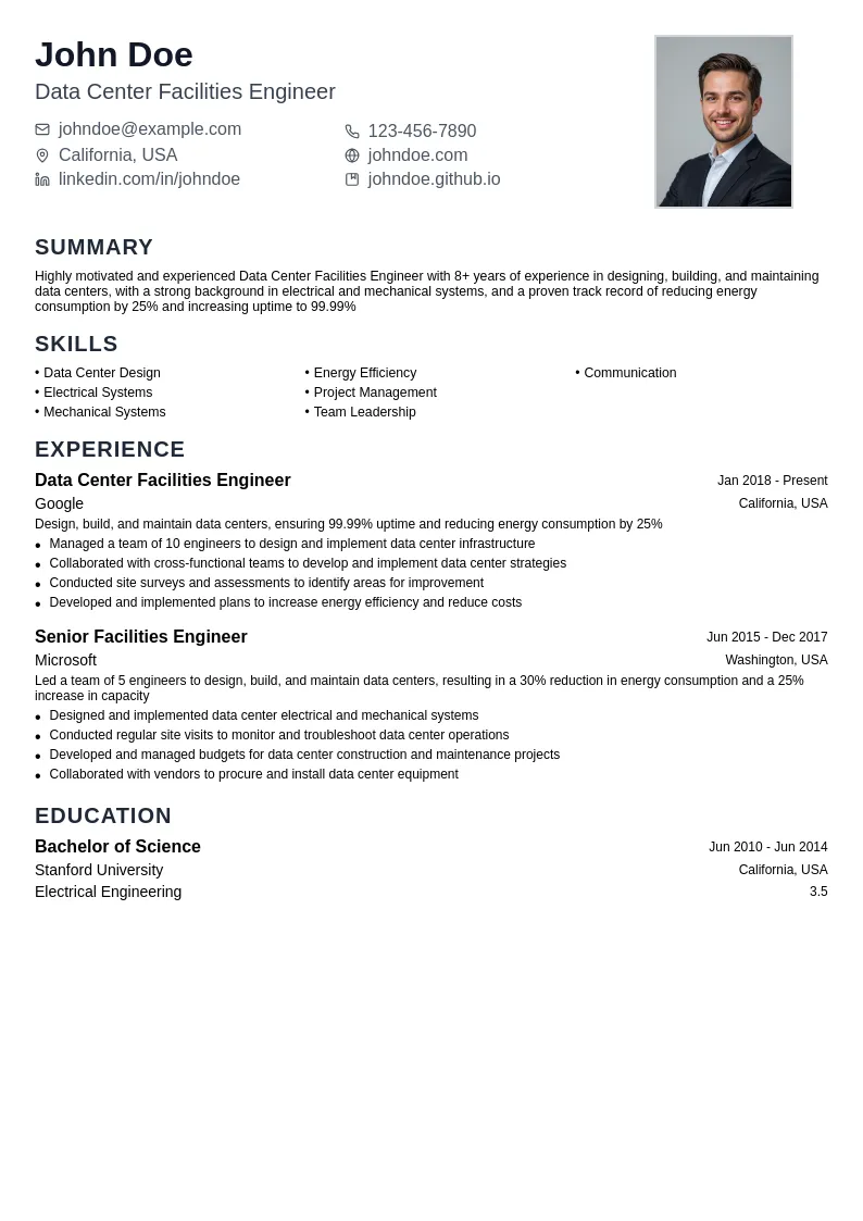 Data Center Facilities Engineer resume example
