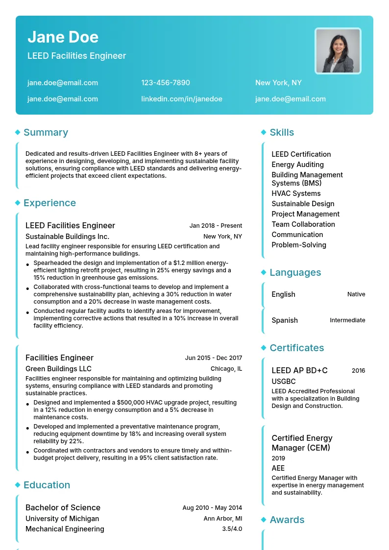 LEED Facilities Engineer resume example