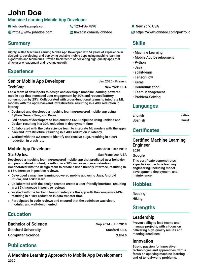 Machine Learning Mobile App Development resume example