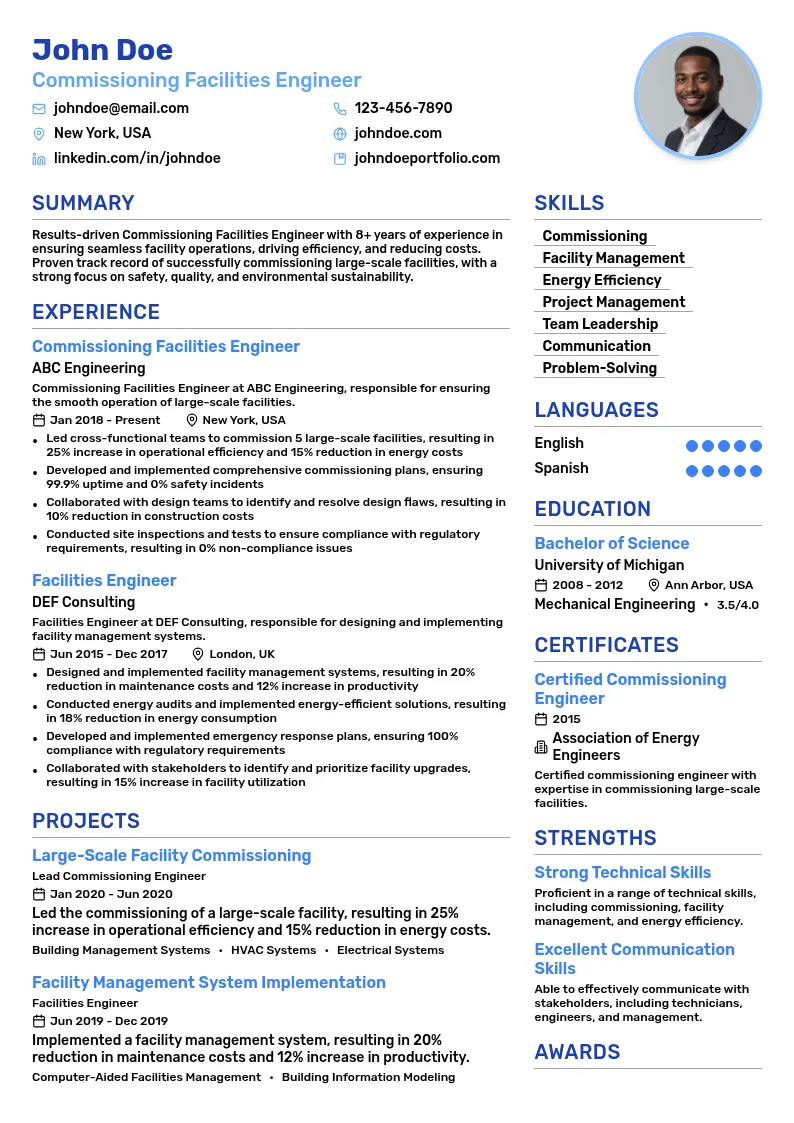 Commissioning Facilities Engineer resume example