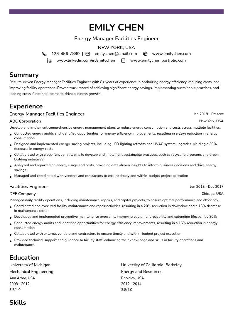 Energy Manager Facilities Engineer resume example
