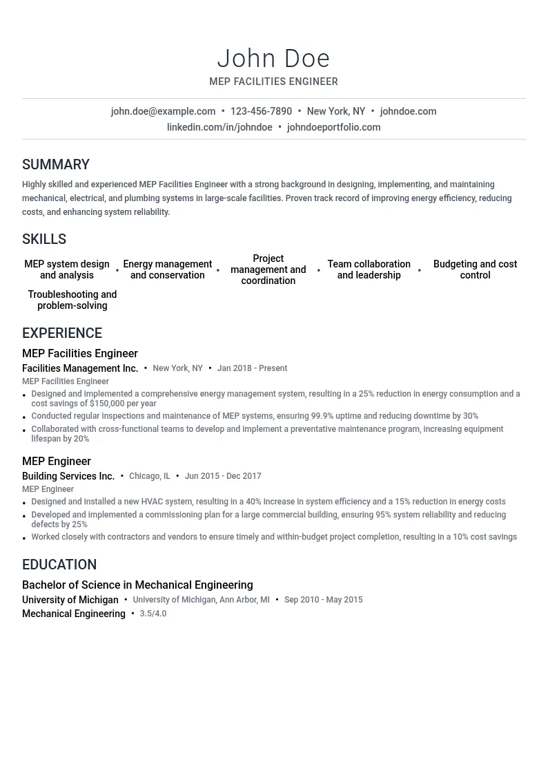 MEP Facilities Engineer resume example
