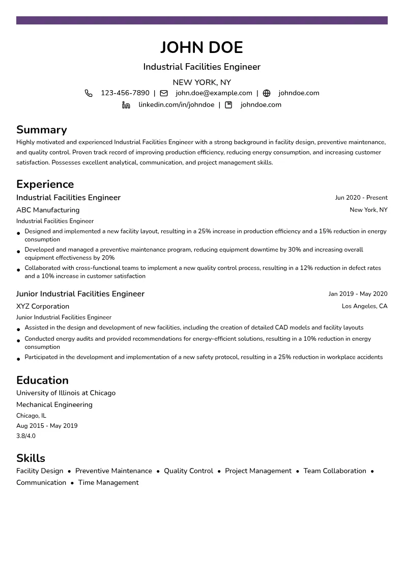 Industrial Facilities Engineer resume example