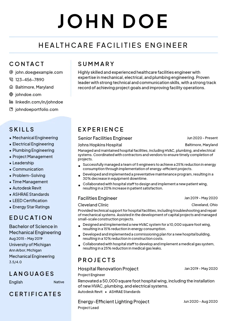 Healthcare Facilities Engineer resume example