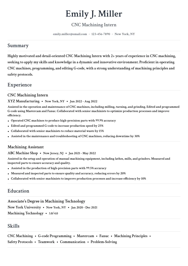 CNC Machining Intern resume example