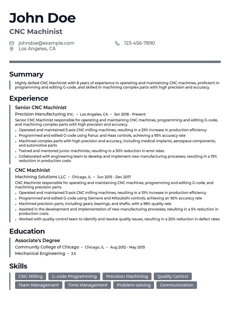 CNC Machinist resume example