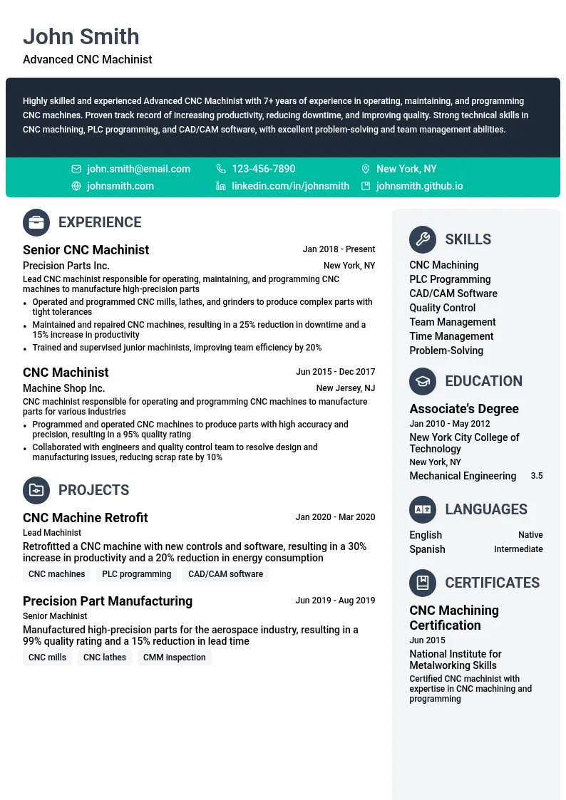 Advanced CNC Machinist resume example