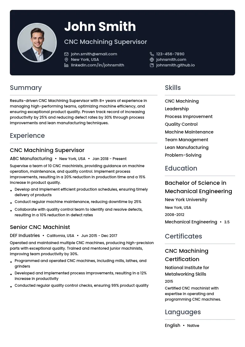 CNC Machining Supervisor resume example