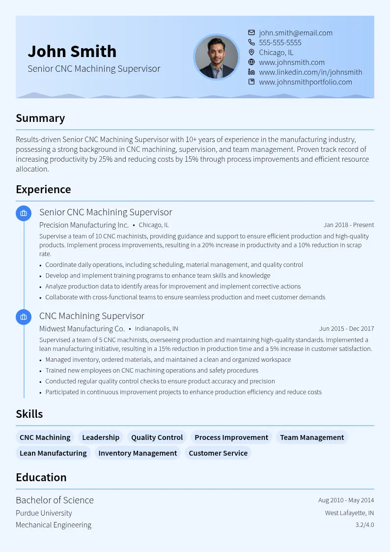 Senior CNC Machining Supervisor resume example