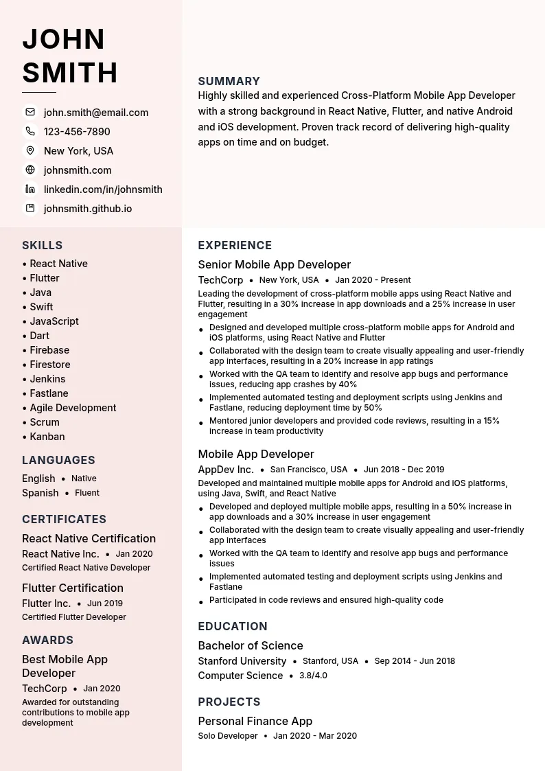 Cross-Platform Mobile App Development resume example