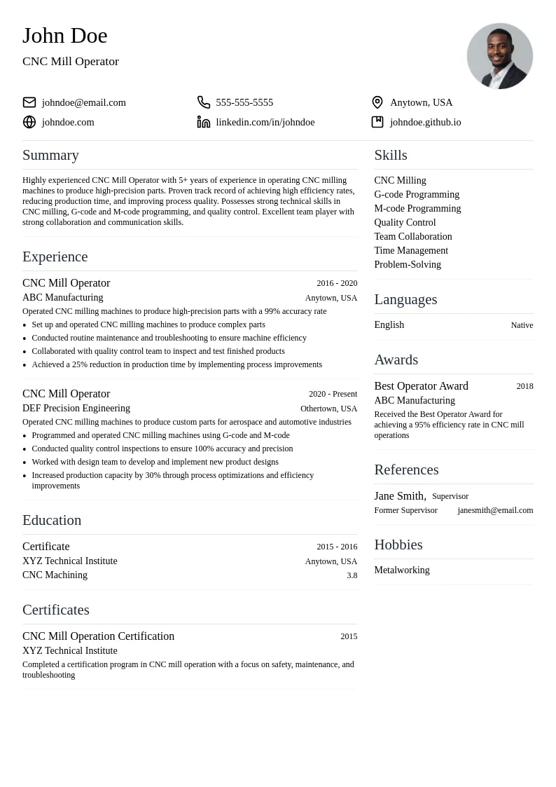 CNC Mill Operator resume example