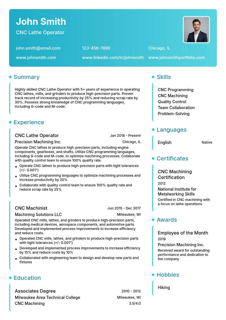 CNC Lathe Operator resume example
