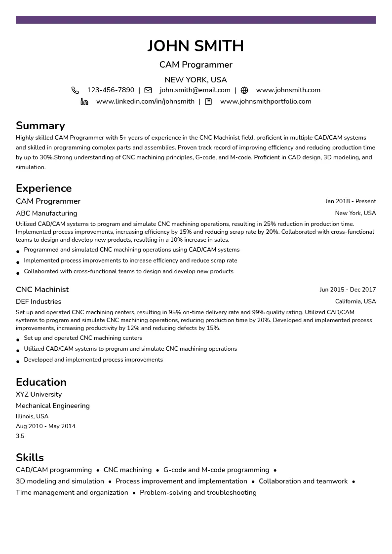 CAM Programmer resume example