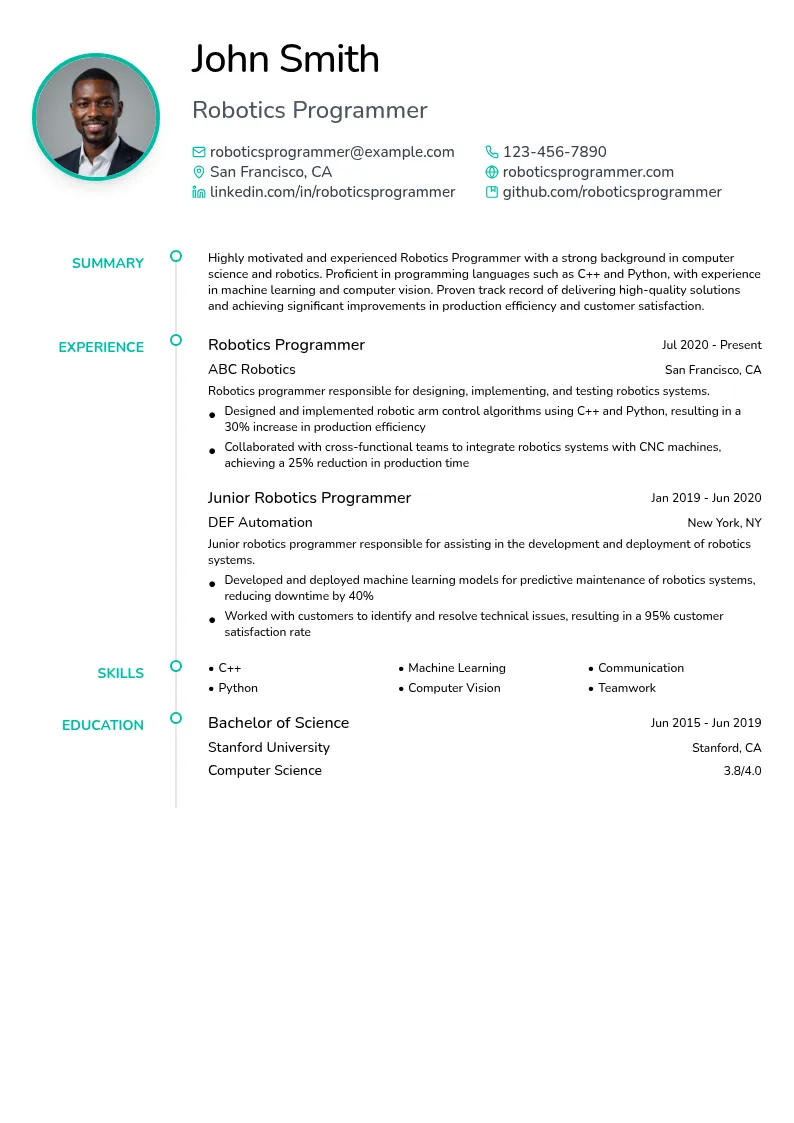 Robotics Programmer resume example